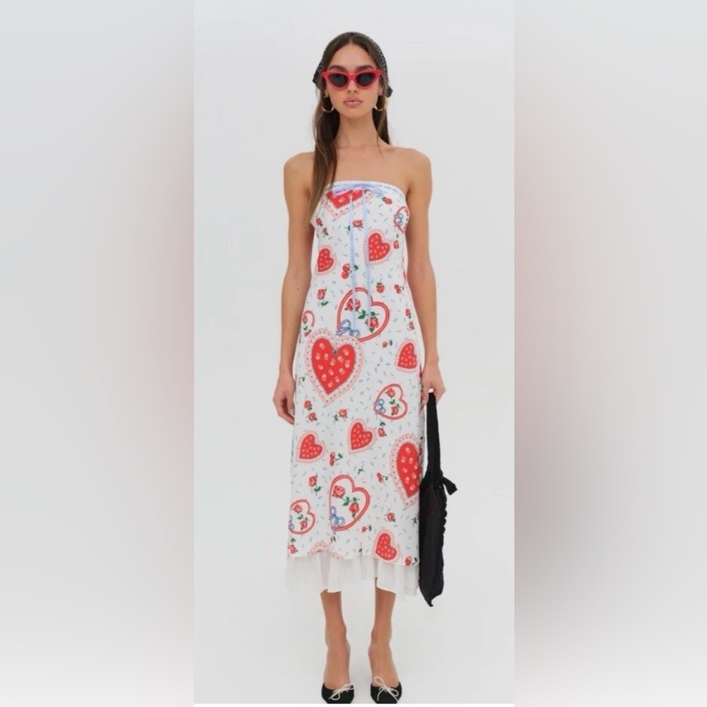 For Love & Lemons Daisy Mae Whimsical Cherries Heart Strapless Midi Dress xl